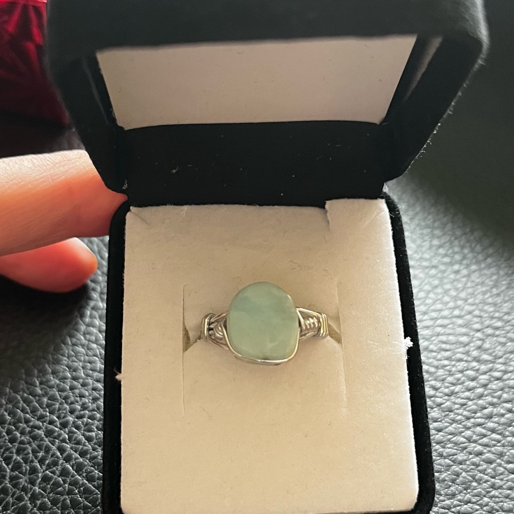 Silver ring, wire wrapped natural stone. Larimar stone?